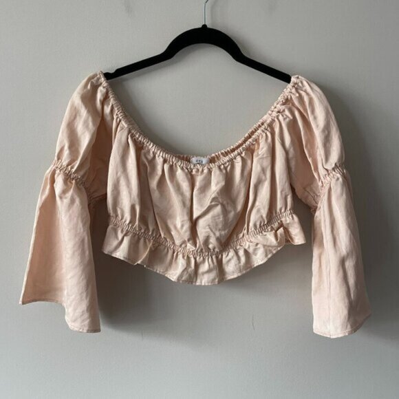 LPA Off The Shoulder Pullover Long Bell Sleeve Casual Cropped Top Cream Medium - Picture 2 of 7